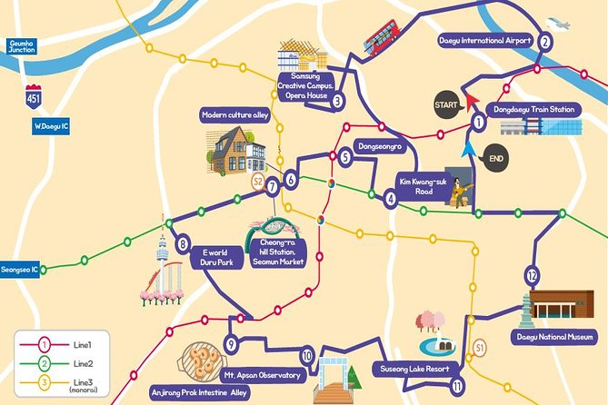 Daegu Hop on Hop off City Tour Bus Discount Ticket (내국인불가) - Gosangol Dinosaur Park and Suseongmot